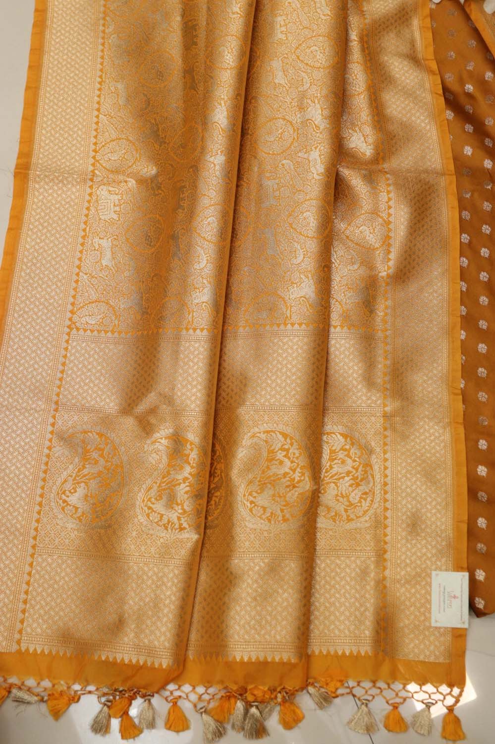 Mustard Yellow Banarasi Silk Small Booti Design Suit With Yellow Banarasi Silk Floral Design Dupatta - Luxurion World