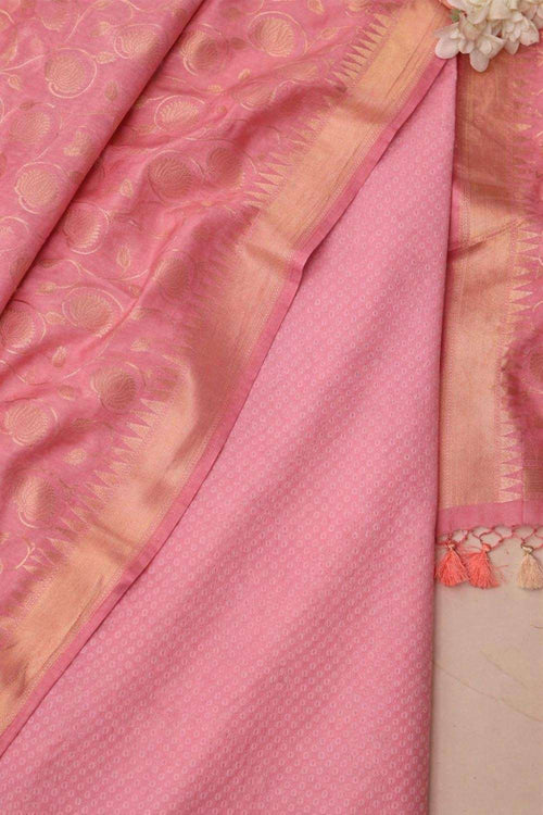 Pink Pure Cotton Handloom Banarasi Small Booti Design Suit With Pink Banarasi Cotton Dupatta - Luxurion World