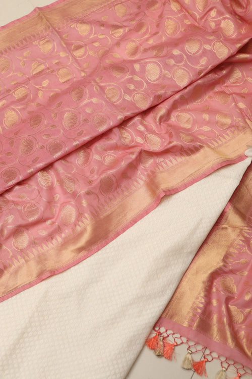 Dyeable Pure Cotton Handloom Banarasi Small Booti Design Suit With Pink Banarasi Cotton Dupatta - Luxurion World