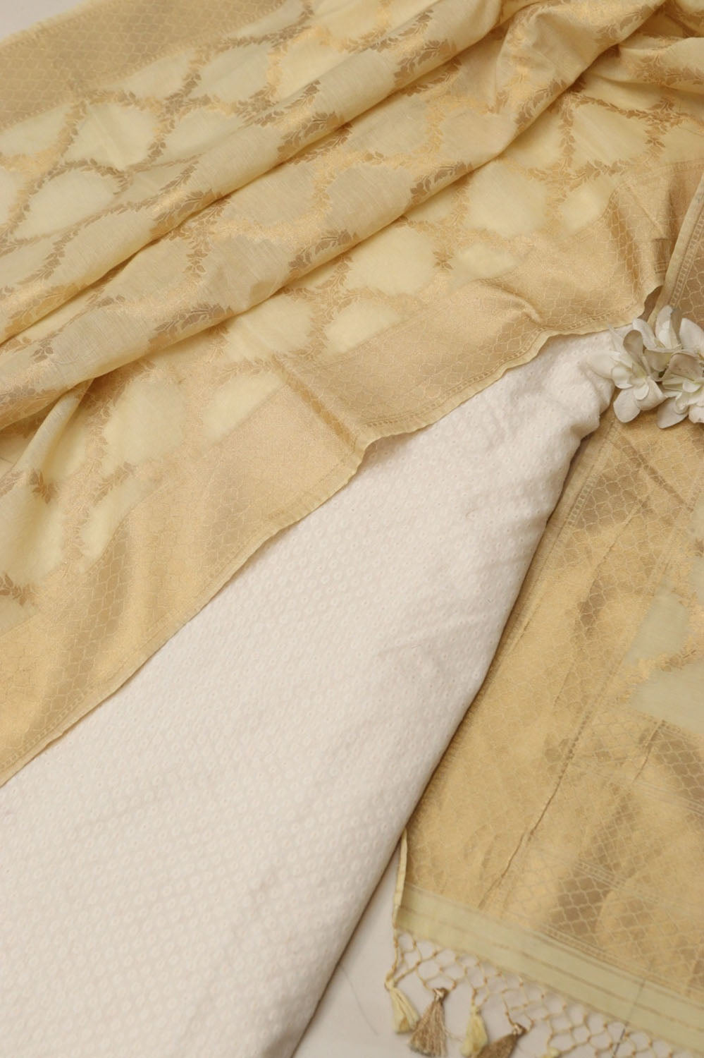 Dyeable Pure Cotton Handloom Banarasi Small Booti Design Suit With Pastel Banarasi Cotton Dupatta - Luxurion World