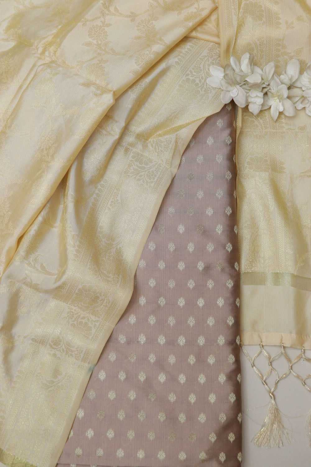 Pastel Banarasi Silk Small Booti Design Suit With Banarasi Silk Dupatta - Luxurion World