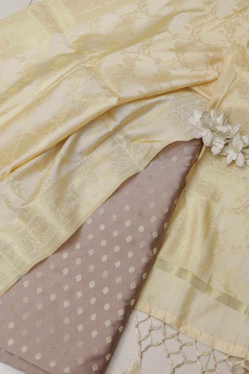 Pastel Banarasi Silk Small Booti Design Suit With Banarasi Silk Dupatta - Luxurion World