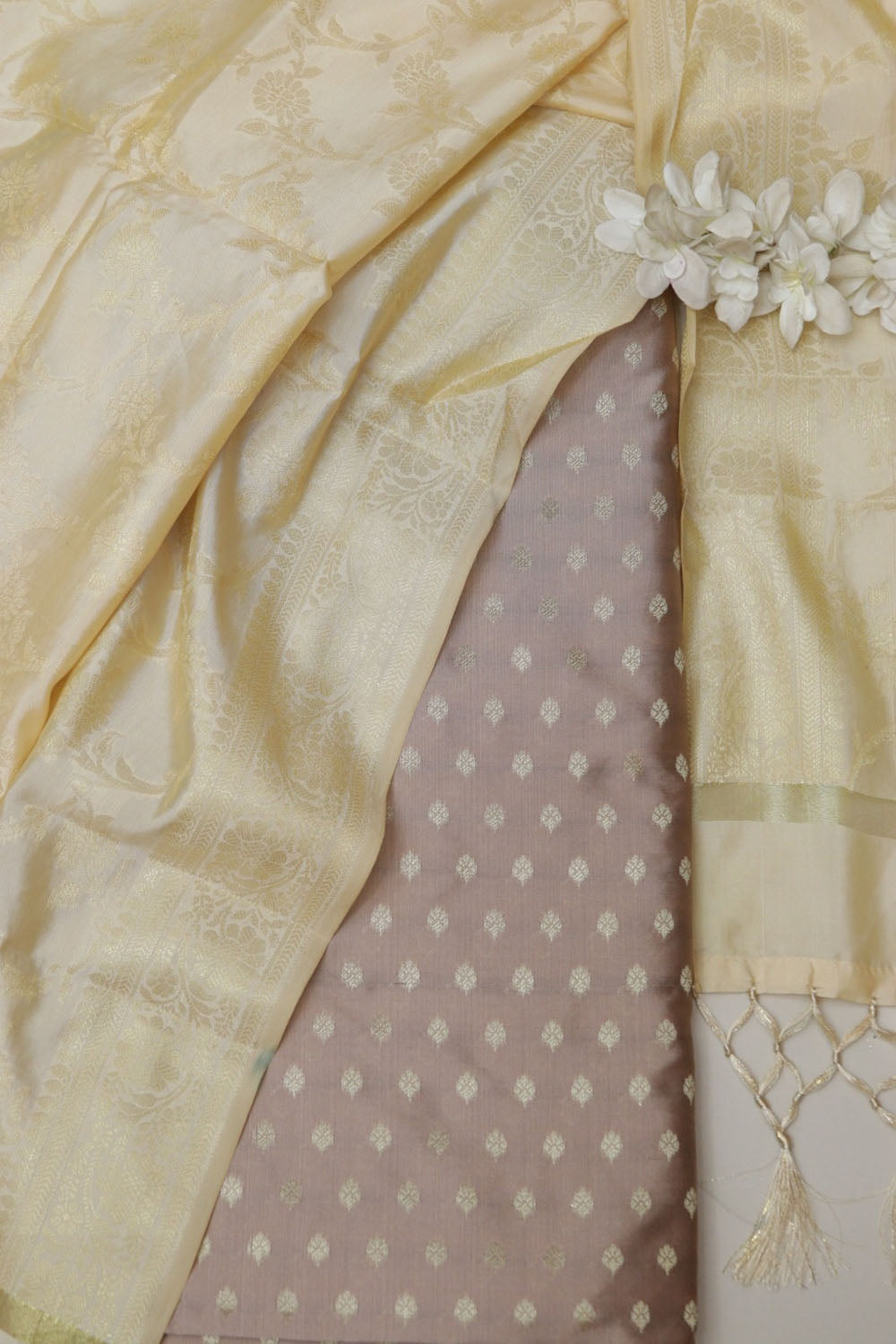 Pastel Banarasi Silk Small Booti Design Suit With Banarasi Silk Dupatta - Luxurion World