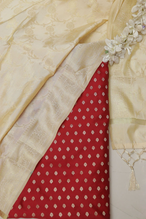 Red Banarasi Silk Small Booti Design With Banarasi Silk Dupatta - Luxurion World