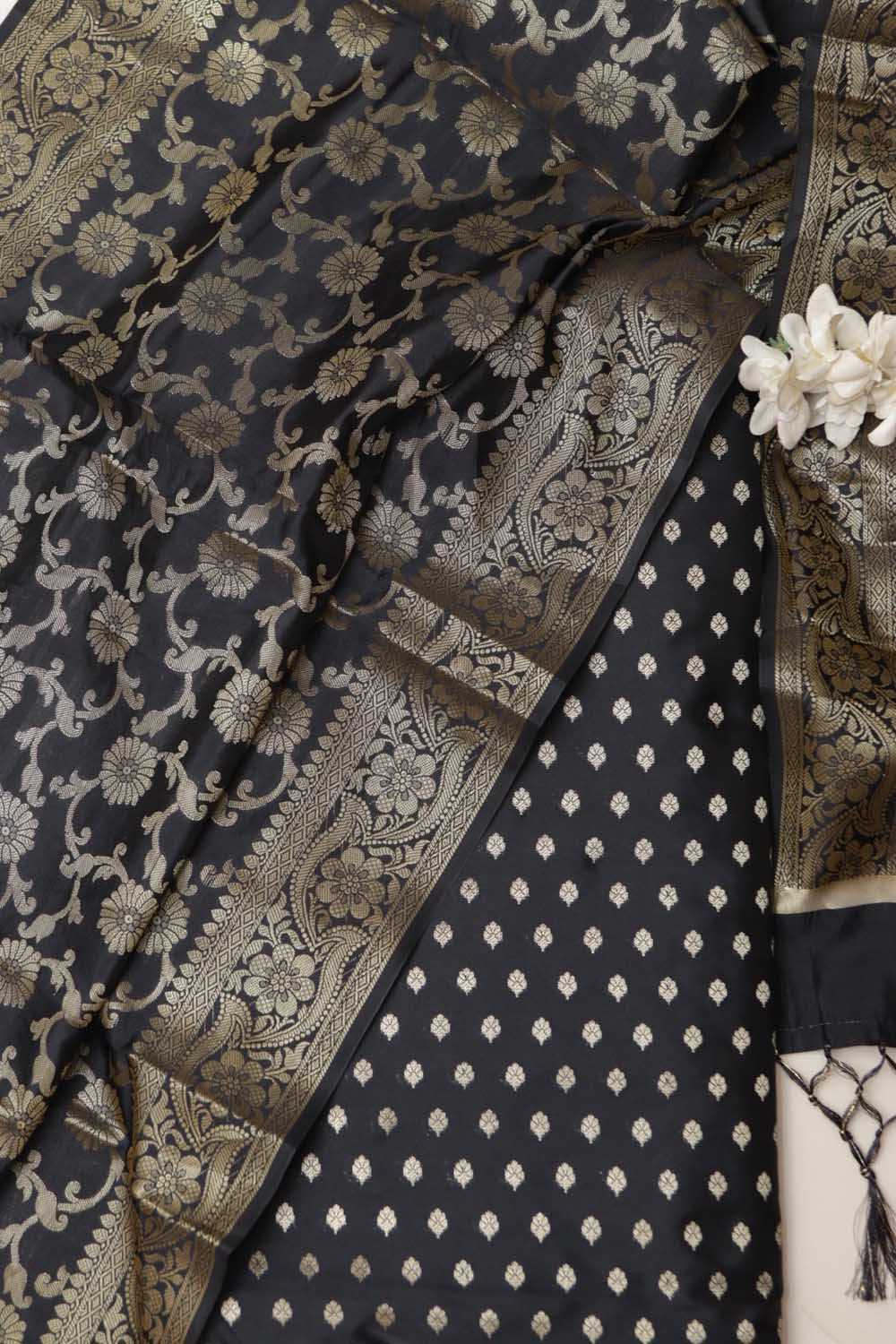 Black Banarasi Silk Small Booti Design With Banarasi Silk Dupatta - Luxurion World
