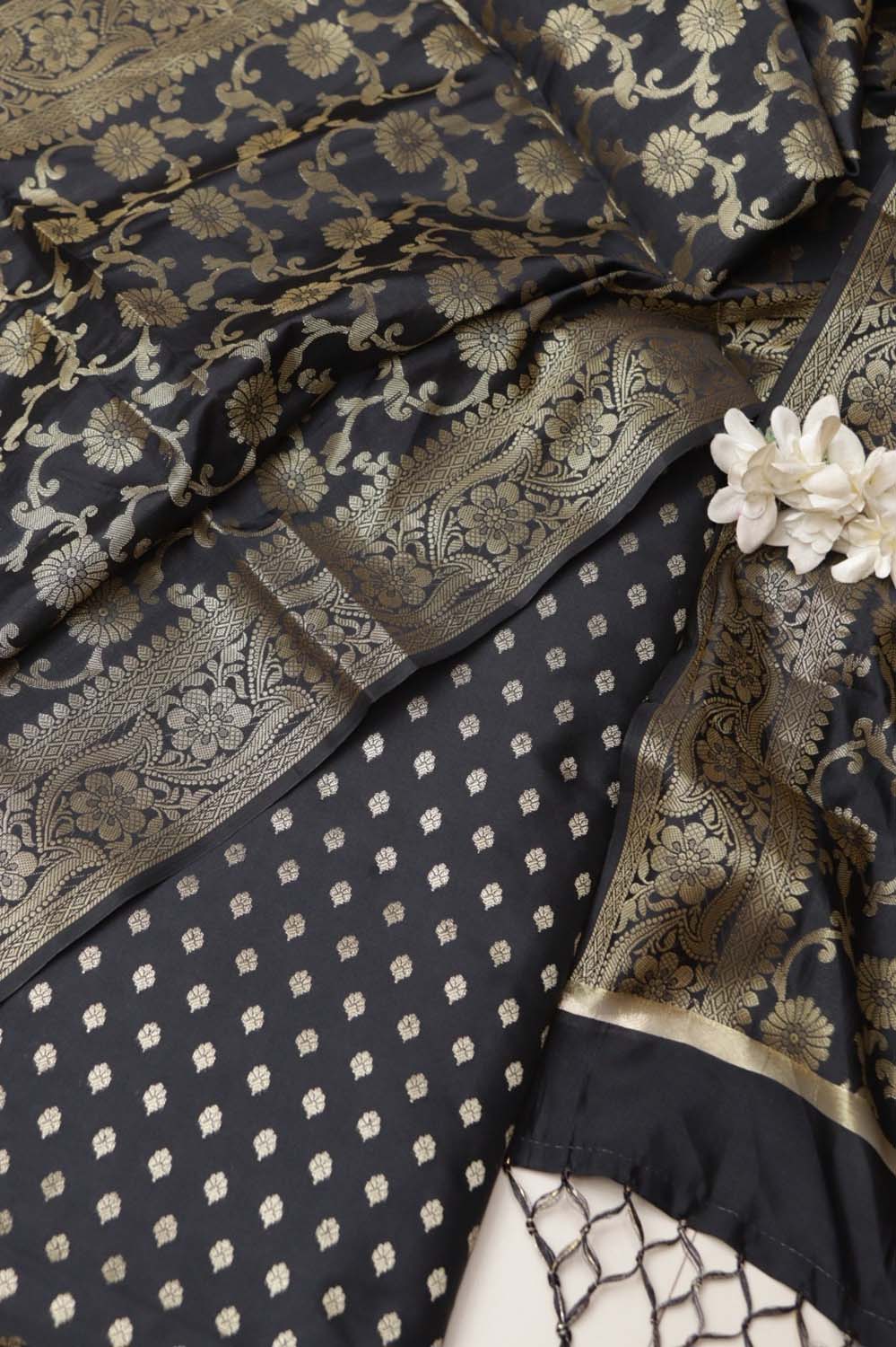Black Banarasi Silk Small Booti Design With Banarasi Silk Dupatta - Luxurion World