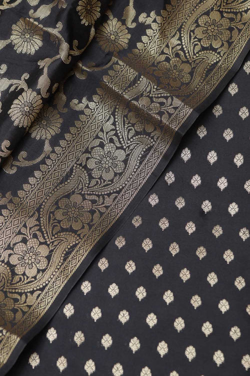 Black Banarasi Silk Small Booti Design With Banarasi Silk Dupatta - Luxurion World