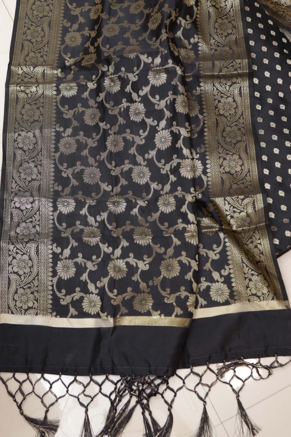 Black Banarasi Silk Small Booti Design With Banarasi Silk Dupatta - Luxurion World