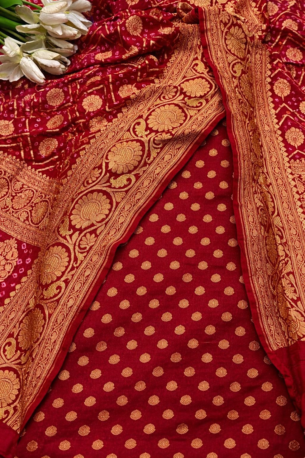 Red Handloom Banarasi Pure Georgette Booti Design Suit With Red Banarasi Bandhani Pure Georgette Dupatta - Luxurion World