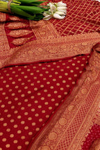 Red Handloom Banarasi Pure Georgette Booti Design Suit With Red Banarasi Bandhani Pure Georgette Dupatta - Luxurion World