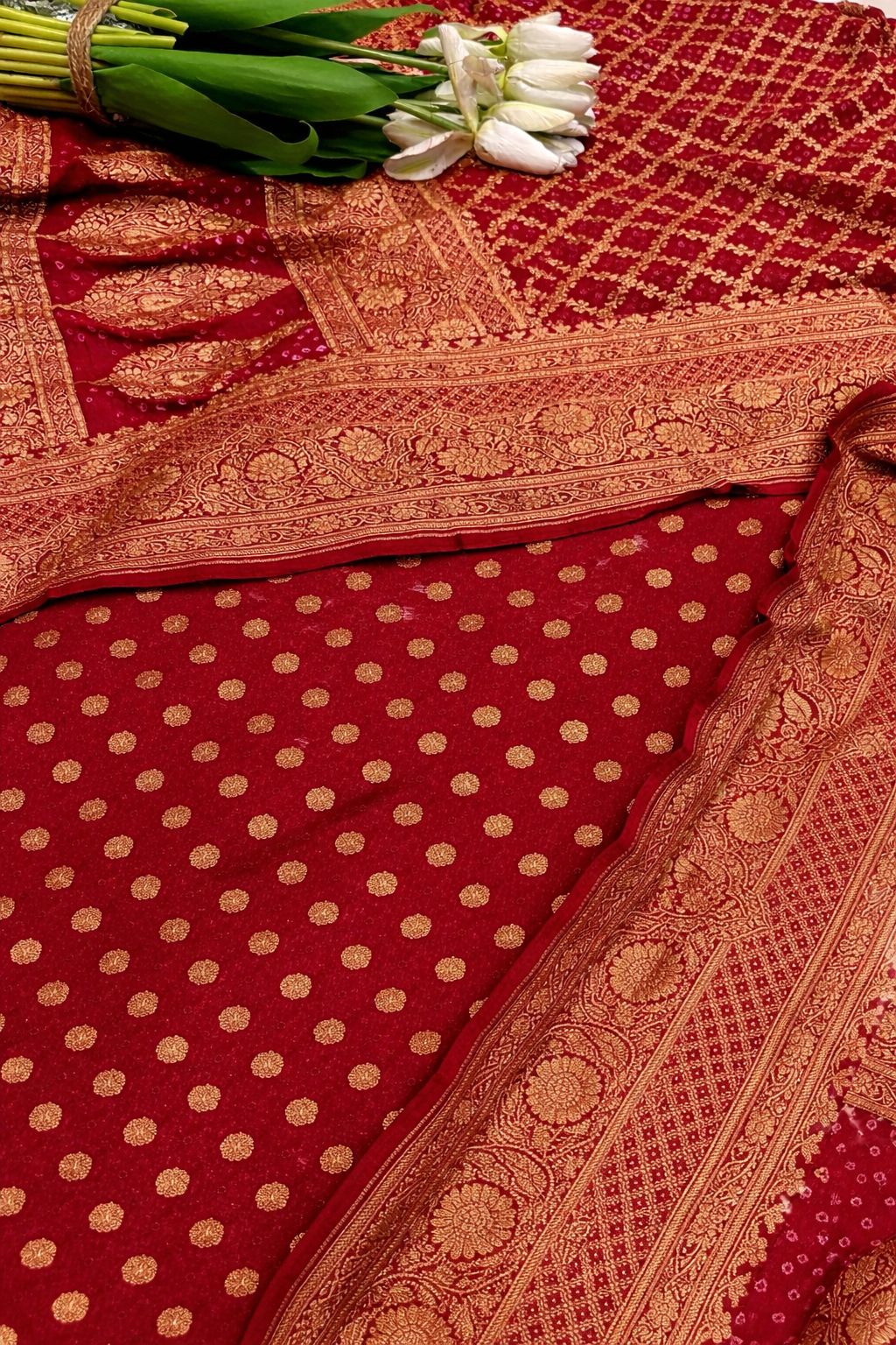 Red Handloom Banarasi Pure Georgette Booti Design Suit With Red Banarasi Bandhani Pure Georgette Dupatta - Luxurion World