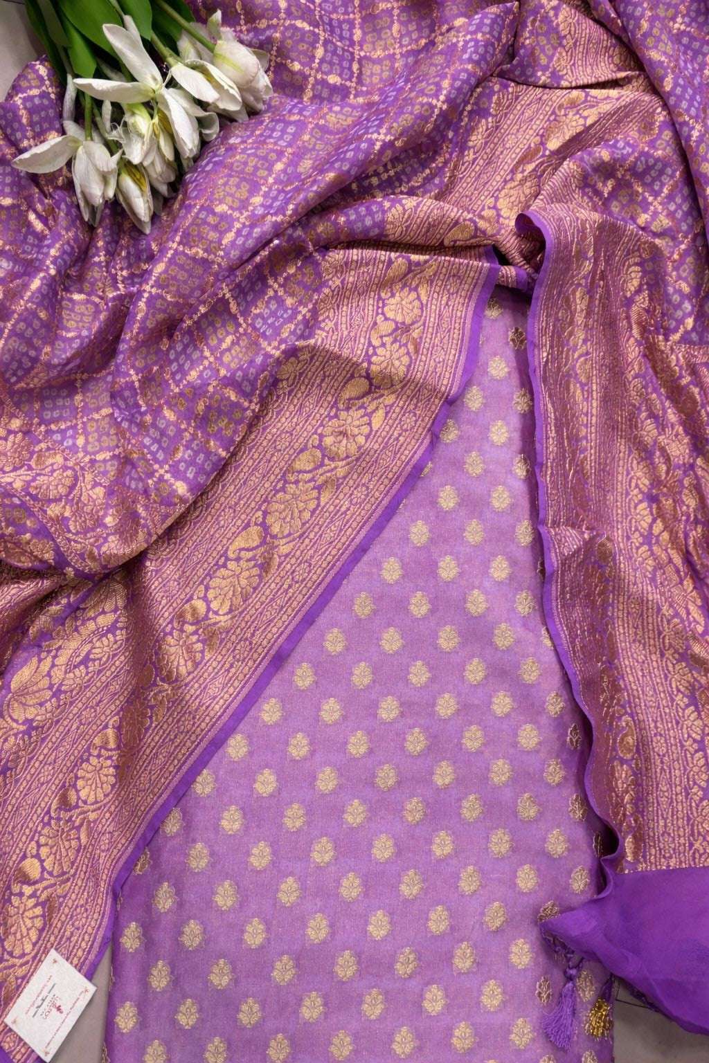 Purple Handloom Banarasi Pure Georgette Booti Design Suit With Purple Banarasi Bandhani Pure Georgette Dupatta - Luxurion World