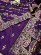 Purple Banarasi Handloom Chiniya Silk Suit With Purple Banarasi Handloom Pure Katan Silk Flower Design Meenakari Dupatta - Luxurion World