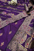 Purple Banarasi Handloom Chiniya Silk Suit With Purple Banarasi Handloom Pure Katan Silk Flower Design Meenakari Dupatta - Luxurion World