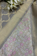 Pastel Handloom Banarasi Tanchui Silk Suit With Grey Banarasi Silk Dupatta - Luxurion World