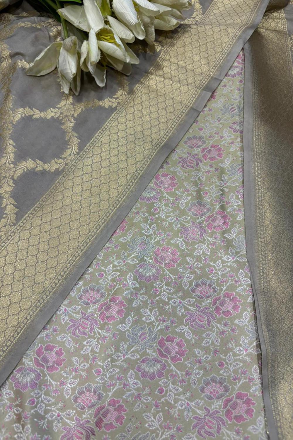 Pastel Handloom Banarasi Tanchui Silk Suit With Grey Banarasi Silk Dupatta - Luxurion World