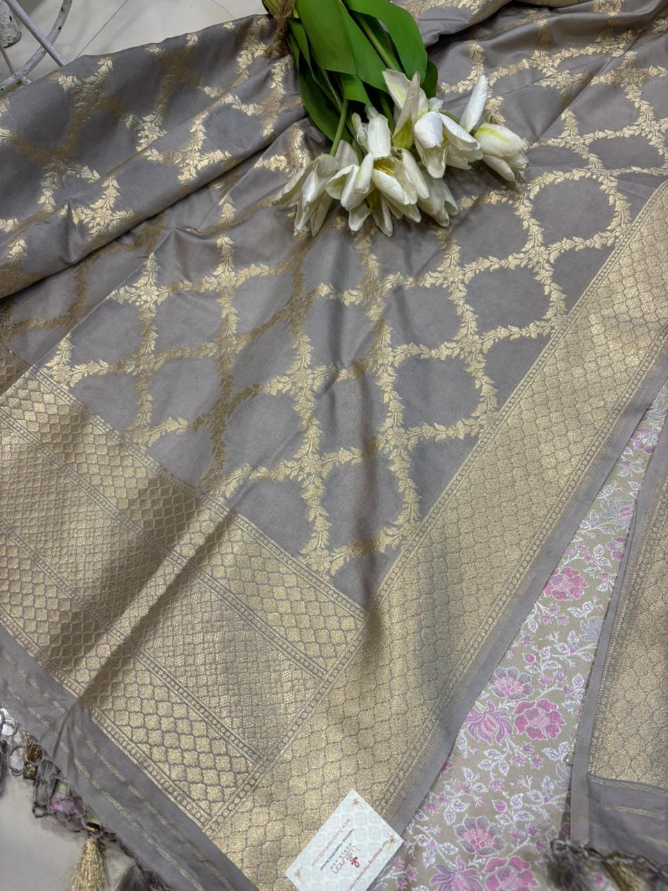 Pastel Handloom Banarasi Tanchui Silk Suit With Grey Banarasi Silk Dupatta - Luxurion World