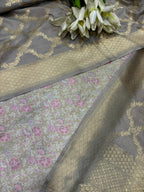 Pastel Handloom Banarasi Tanchui Silk Suit With Grey Banarasi Silk Dupatta - Luxurion World