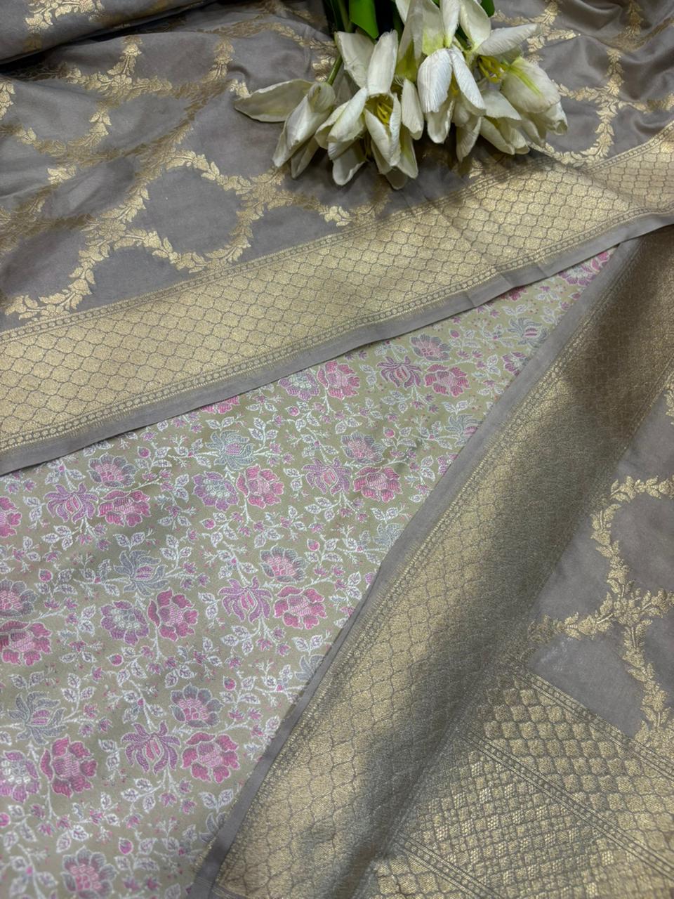 Pastel Handloom Banarasi Tanchui Silk Suit With Grey Banarasi Silk Dupatta - Luxurion World