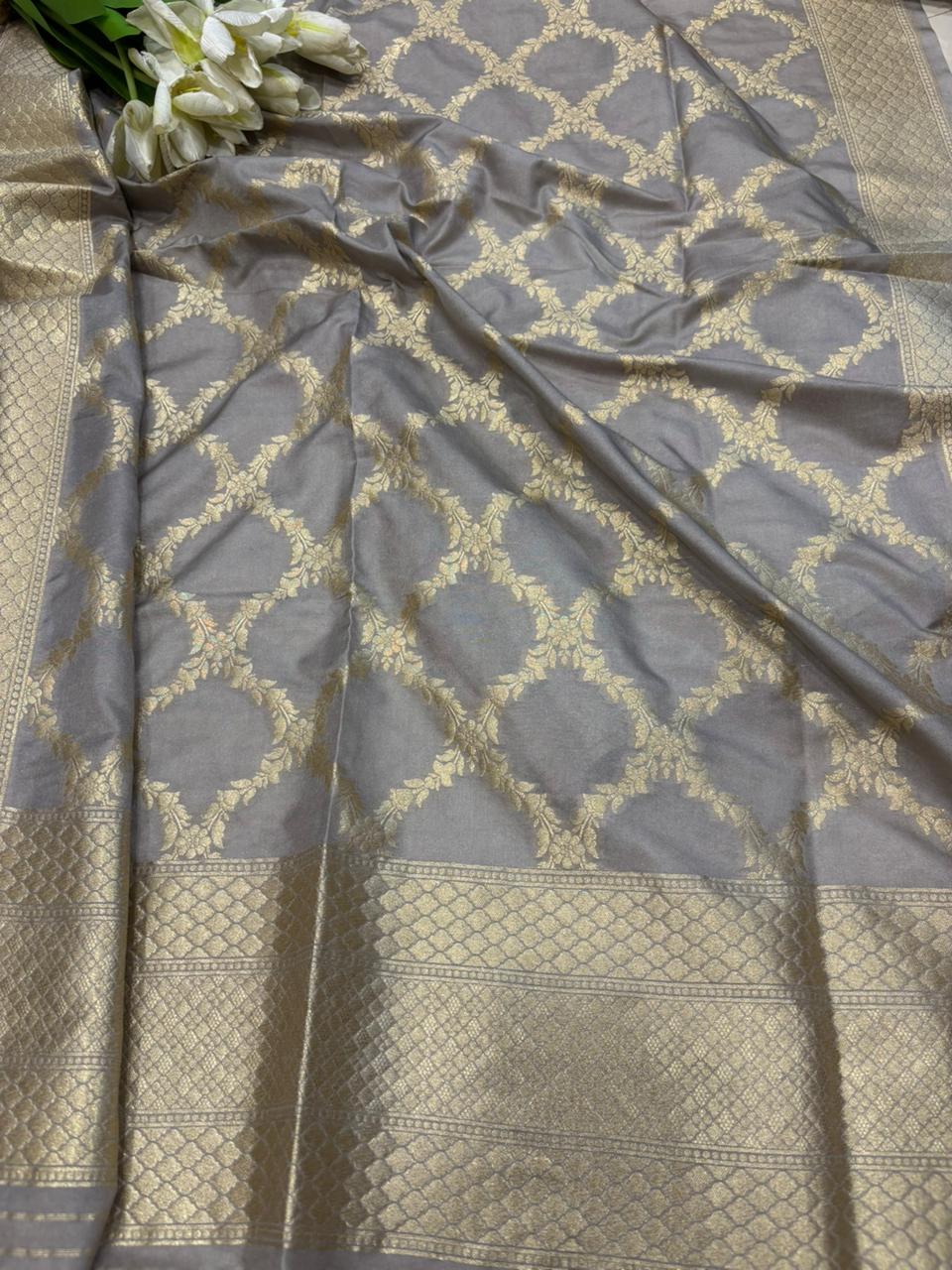 Pastel Handloom Banarasi Tanchui Silk Suit With Grey Banarasi Silk Dupatta - Luxurion World