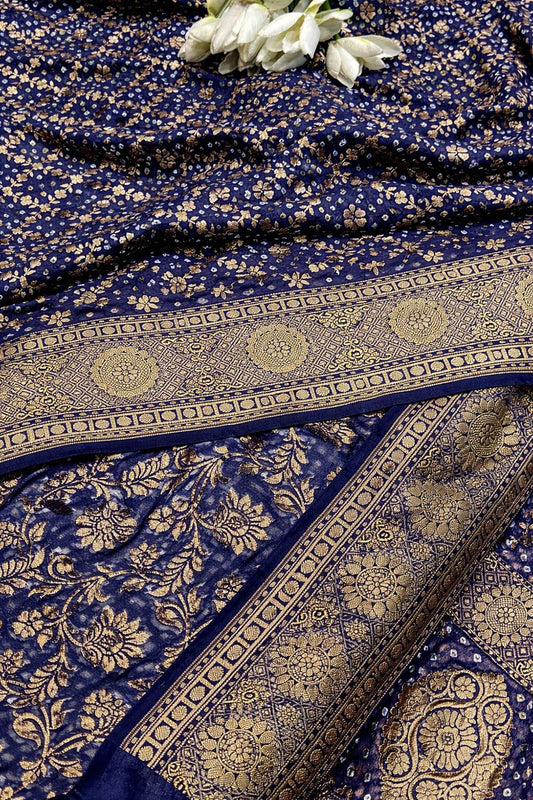 Blue Handloom Banarasi Pure Georgette Flower Design Suit With Blue Banarasi Bandhani Pure Georgette Flower Design Dupatta - Luxurion World