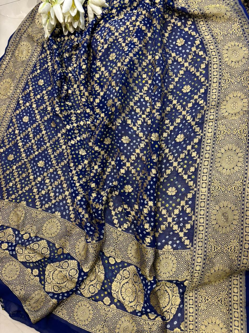 Blue Handloom Banarasi Pure Georgette Flower Design Suit With Blue Banarasi Bandhani Pure Georgette Flower Design Dupatta - Luxurion World