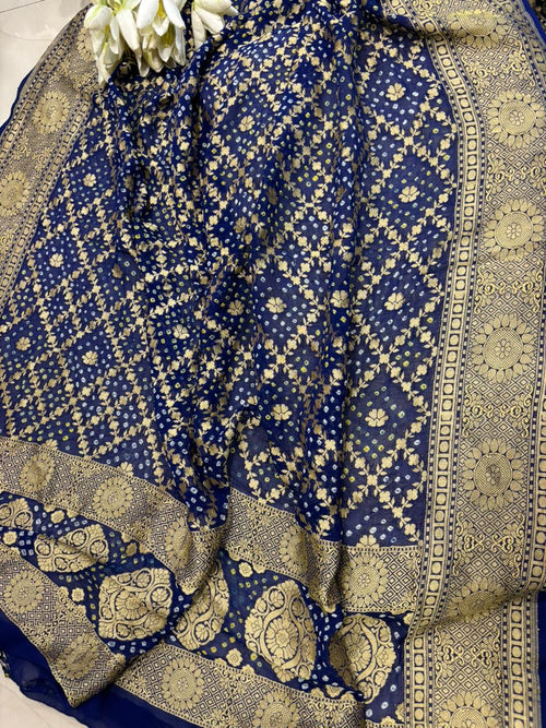 Blue Handloom Banarasi Pure Georgette Flower Design Suit With Blue Banarasi Bandhani Pure Georgette Flower Design Dupatta - Luxurion World