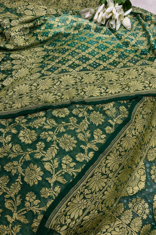 Green Handloom Banarasi Pure Georgette Flower Design Suit With Green Banarasi Bandhani Pure Georgette Flower Design Dupatta - Luxurion World