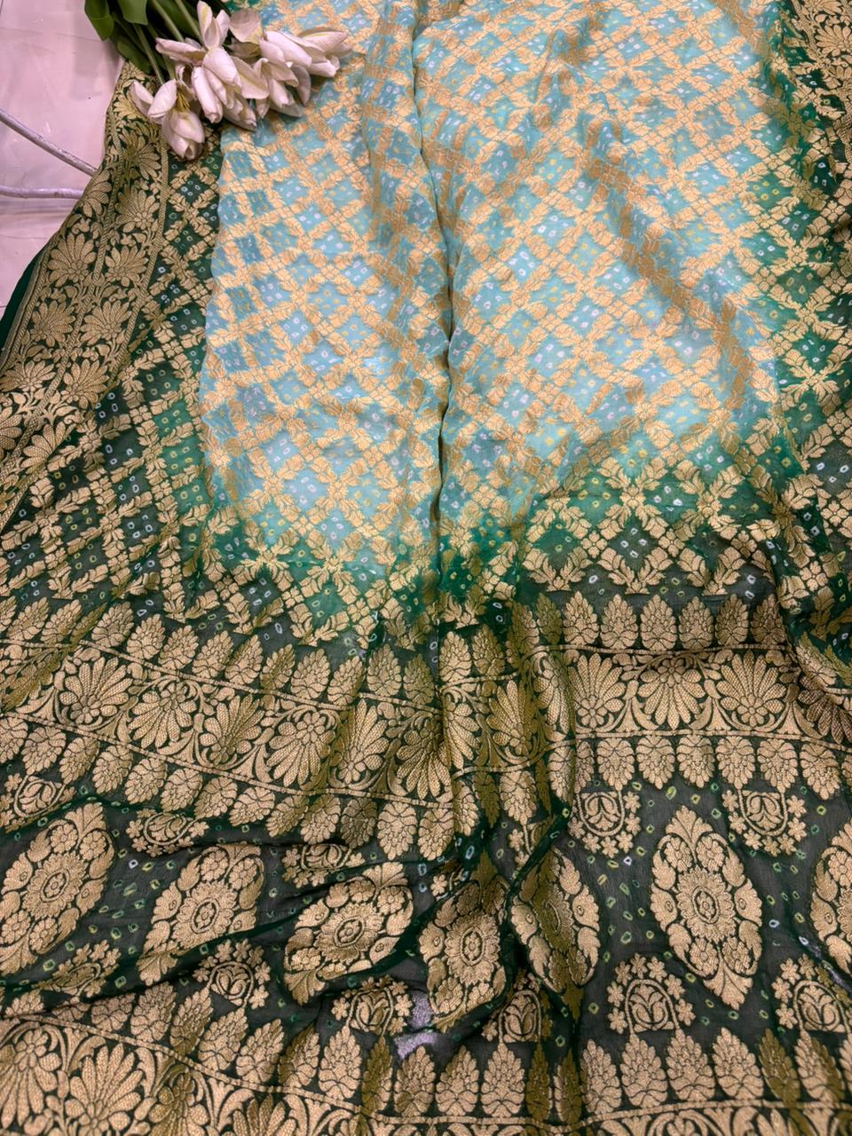 Green Handloom Banarasi Pure Georgette Flower Design Suit With Green Banarasi Bandhani Pure Georgette Flower Design Dupatta - Luxurion World