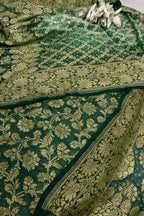 Green Handloom Banarasi Pure Georgette Flower Design Suit With Green Banarasi Bandhani Pure Georgette Flower Design Dupatta - Luxurion World