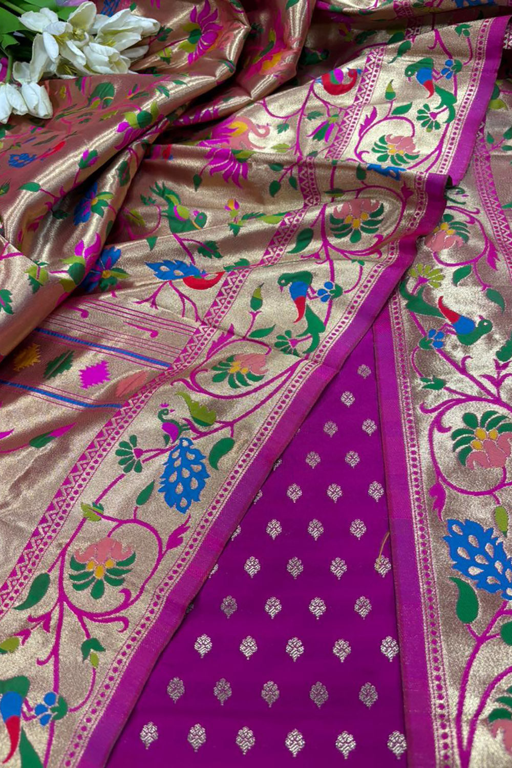 Pink Banarasi Silk Small Booti Design Suit With Pink Paithani Silk Flower & Peacock Design Dupatta - Luxurion World