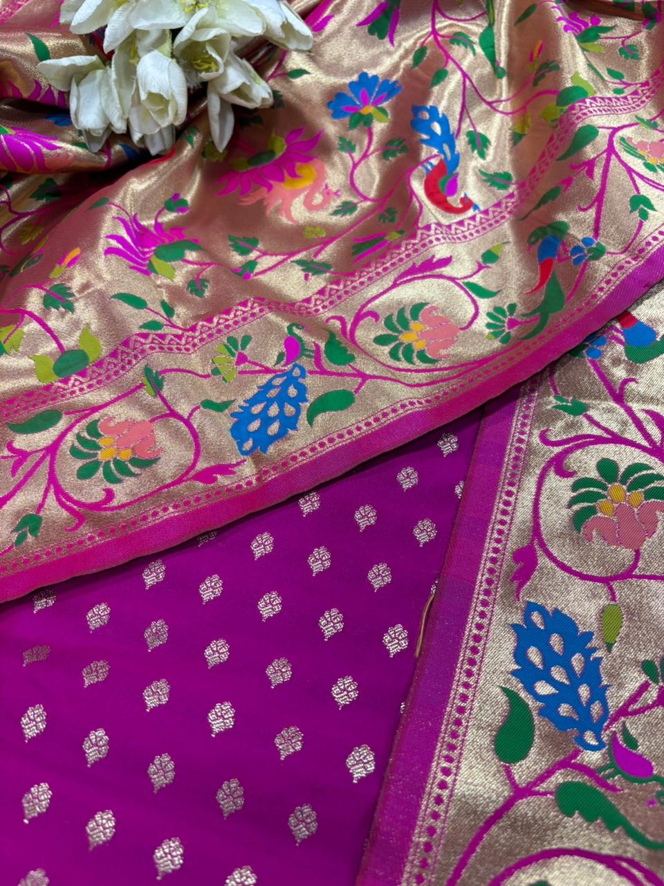 Pink Banarasi Silk Small Booti Design Suit With Pink Paithani Silk Flower & Peacock Design Dupatta - Luxurion World