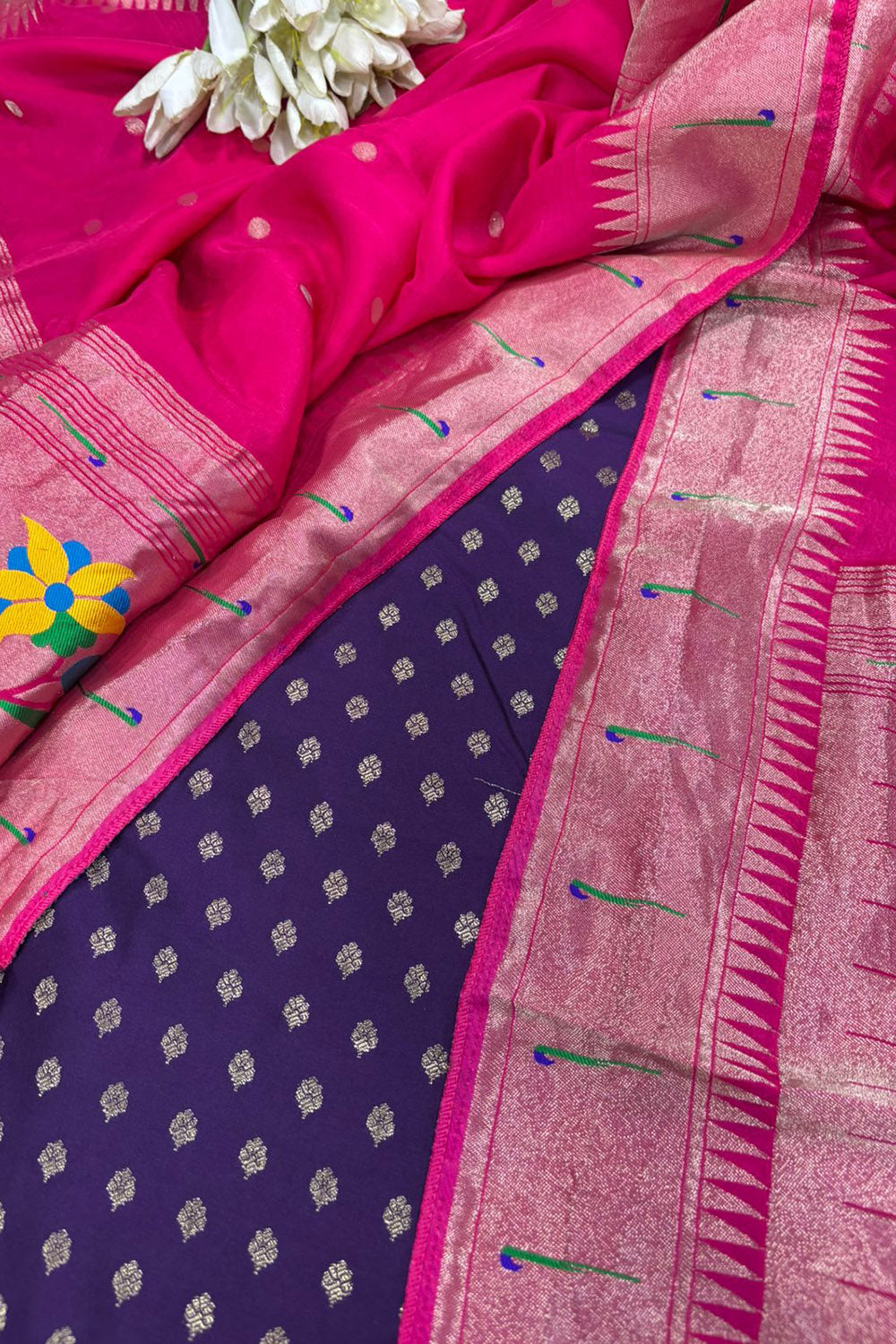 Purple Banarasi Silk Small Booti Design Suit With Pink Paithani Silk Flower & Peacock Design Dupatta - Luxurion World