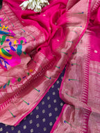 Purple Banarasi Silk Small Booti Design Suit With Pink Paithani Silk Flower & Peacock Design Dupatta - Luxurion World