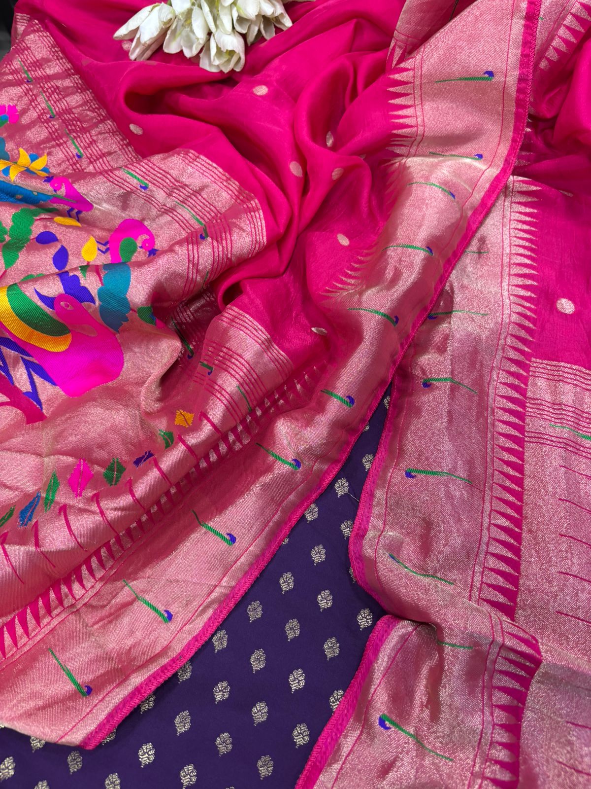 Purple Banarasi Silk Small Booti Design Suit With Pink Paithani Silk Flower & Peacock Design Dupatta - Luxurion World