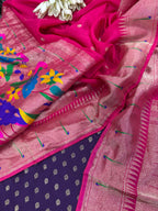Purple Banarasi Silk Small Booti Design Suit With Pink Paithani Silk Flower & Peacock Design Dupatta - Luxurion World