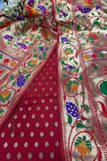 Red Banarasi Silk Small Booti Design Suit With Red Paithani Silk Flower & Peacock Design Dupatta - Luxurion World