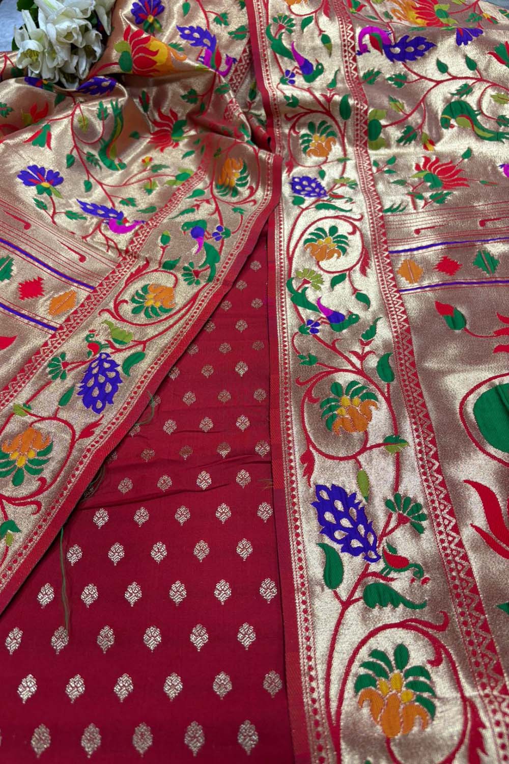 Red Banarasi Silk Small Booti Design Suit With Red Paithani Silk Flower & Peacock Design Dupatta - Luxurion World