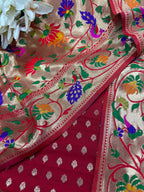 Red Banarasi Silk Small Booti Design Suit With Red Paithani Silk Flower & Peacock Design Dupatta - Luxurion World