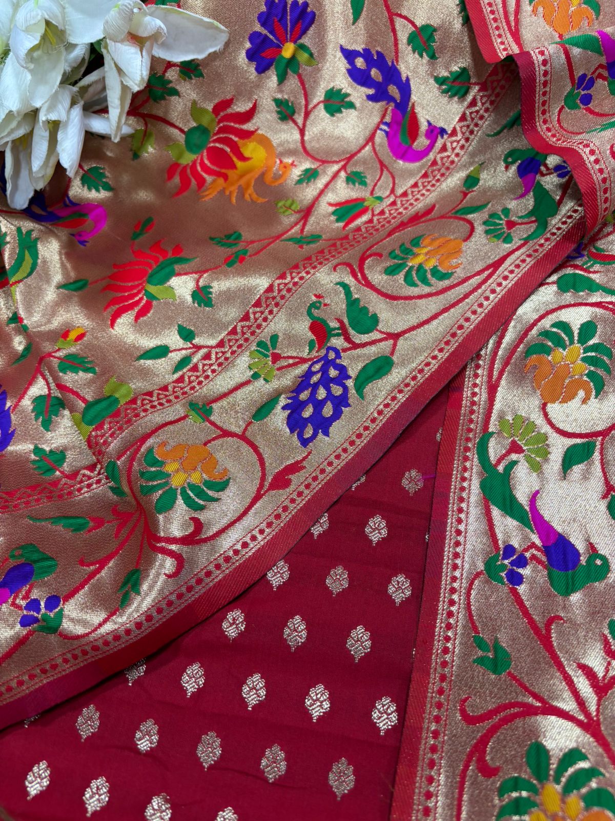 Red Banarasi Silk Small Booti Design Suit With Red Paithani Silk Flower & Peacock Design Dupatta - Luxurion World