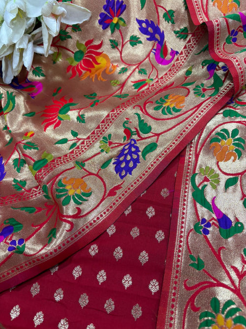 Red Banarasi Silk Small Booti Design Suit With Red Paithani Silk Flower & Peacock Design Dupatta - Luxurion World