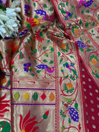 Red Banarasi Silk Small Booti Design Suit With Red Paithani Silk Flower & Peacock Design Dupatta - Luxurion World