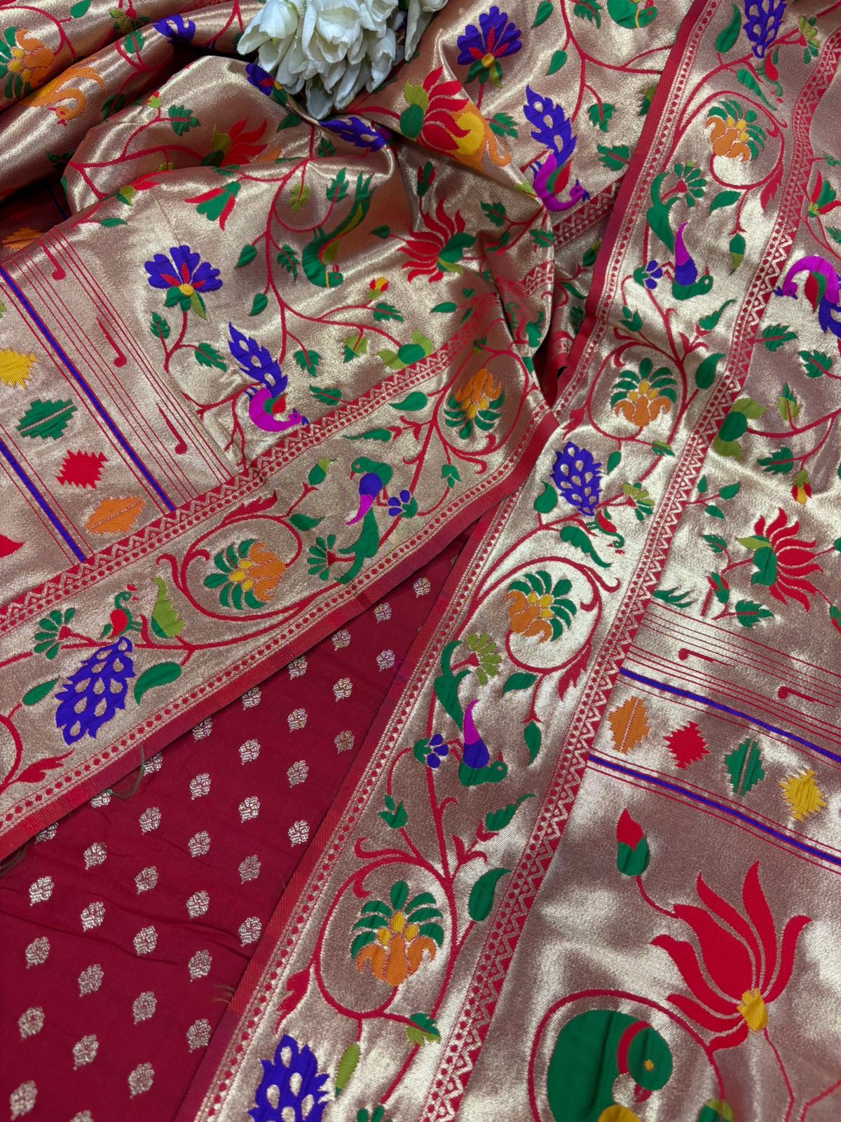 Red Banarasi Silk Small Booti Design Suit With Red Paithani Silk Flower & Peacock Design Dupatta - Luxurion World