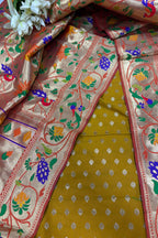 Green Banarasi Silk Small Booti Design Suit With Orange Paithani Silk Flower & Peacock Design Dupatta - Luxurion World