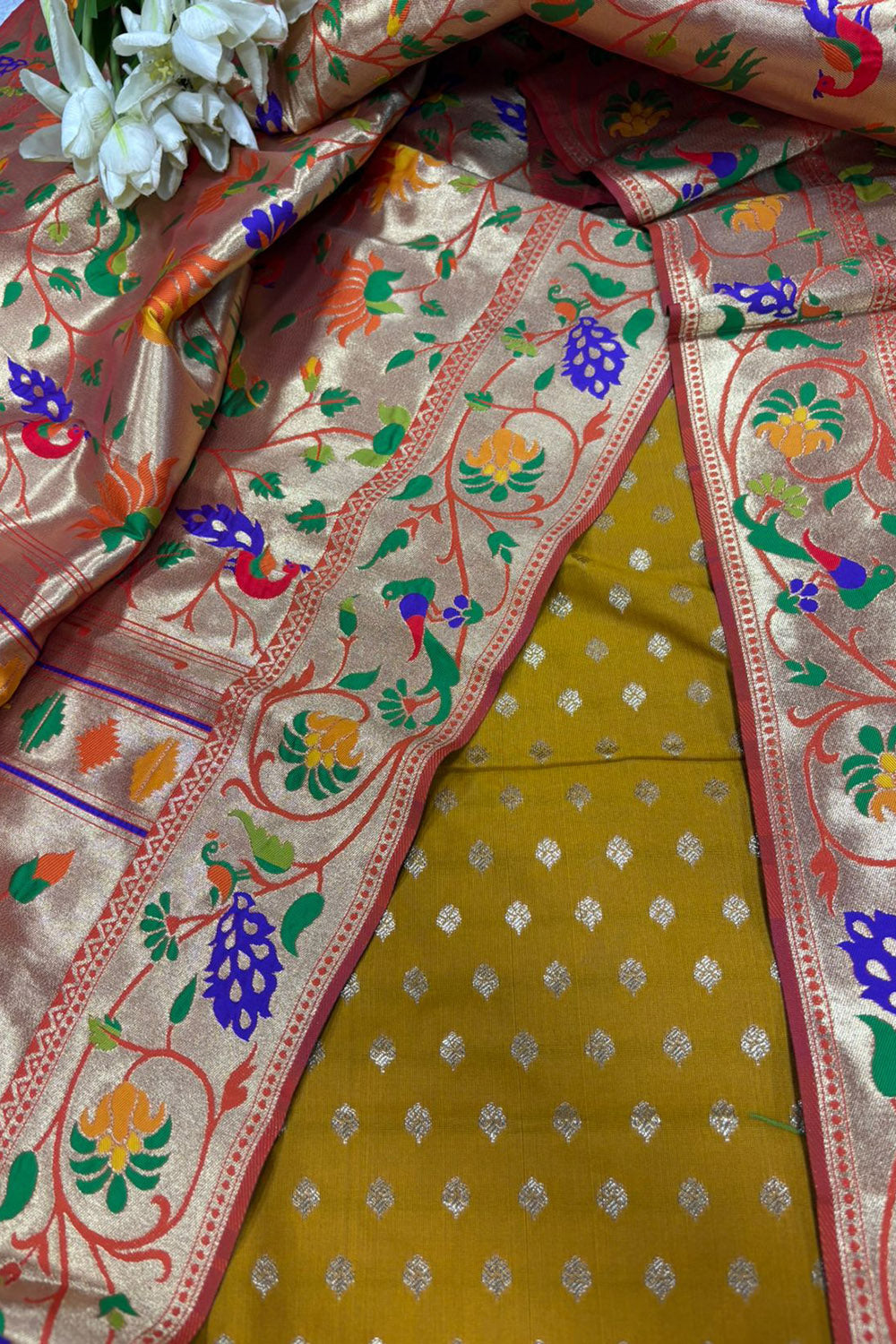 Green Banarasi Silk Small Booti Design Suit With Orange Paithani Silk Flower & Peacock Design Dupatta - Luxurion World