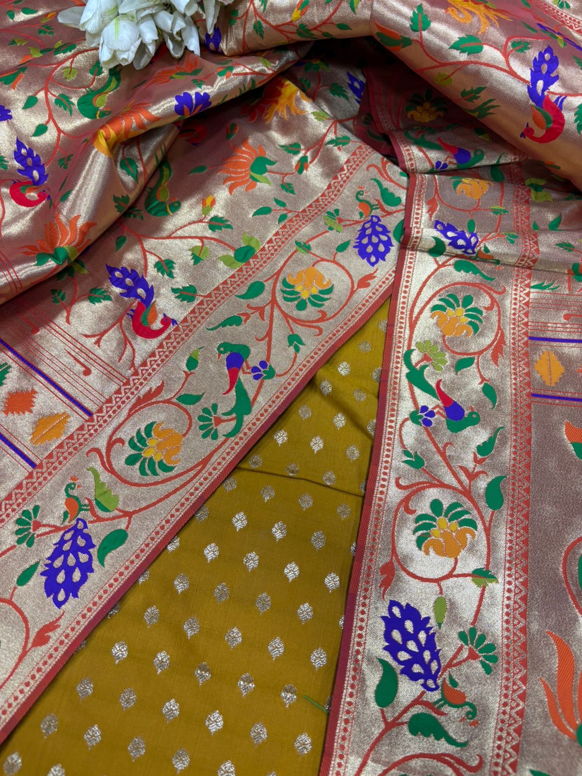 Green Banarasi Silk Small Booti Design Suit With Orange Paithani Silk Flower & Peacock Design Dupatta - Luxurion World