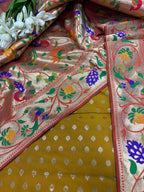 Green Banarasi Silk Small Booti Design Suit With Orange Paithani Silk Flower & Peacock Design Dupatta - Luxurion World