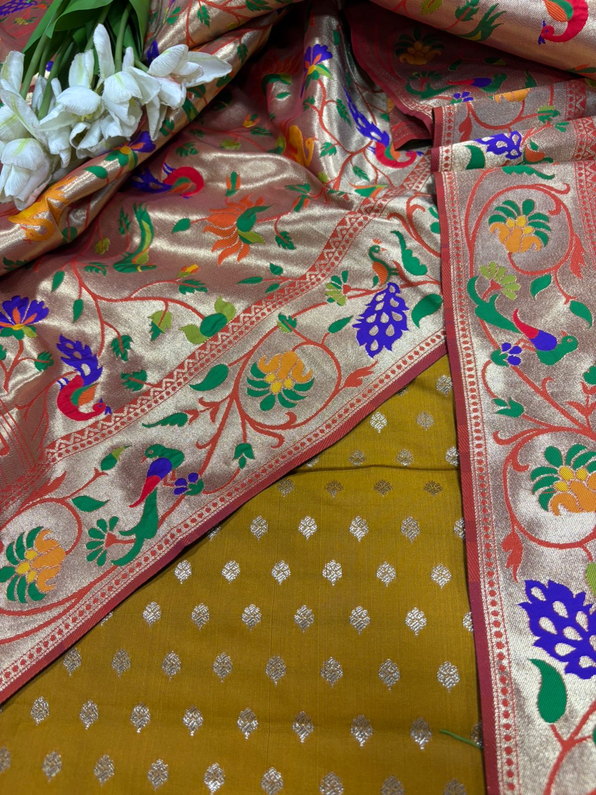 Green Banarasi Silk Small Booti Design Suit With Orange Paithani Silk Flower & Peacock Design Dupatta - Luxurion World
