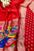 Red Banarasi Silk Small Booti Design Suit With Red Paithani Silk Flower & Peacock Design Dupatta - Luxurion World