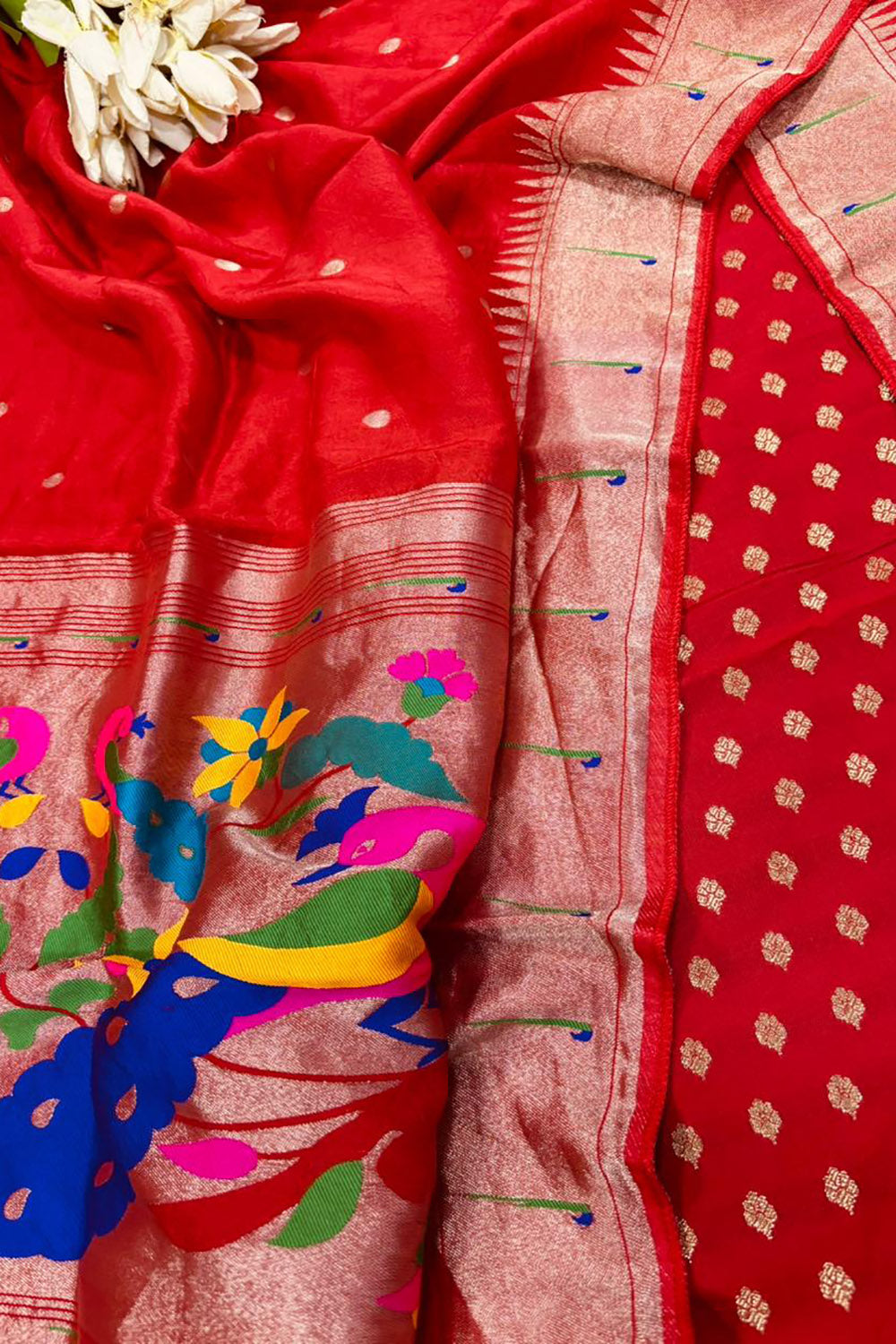 Red Banarasi Silk Small Booti Design Suit With Red Paithani Silk Flower & Peacock Design Dupatta - Luxurion World